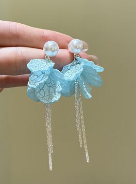思慕琦法式蓝色花瓣流苏耳钉