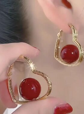 红色爱心珍珠耳扣耳钉