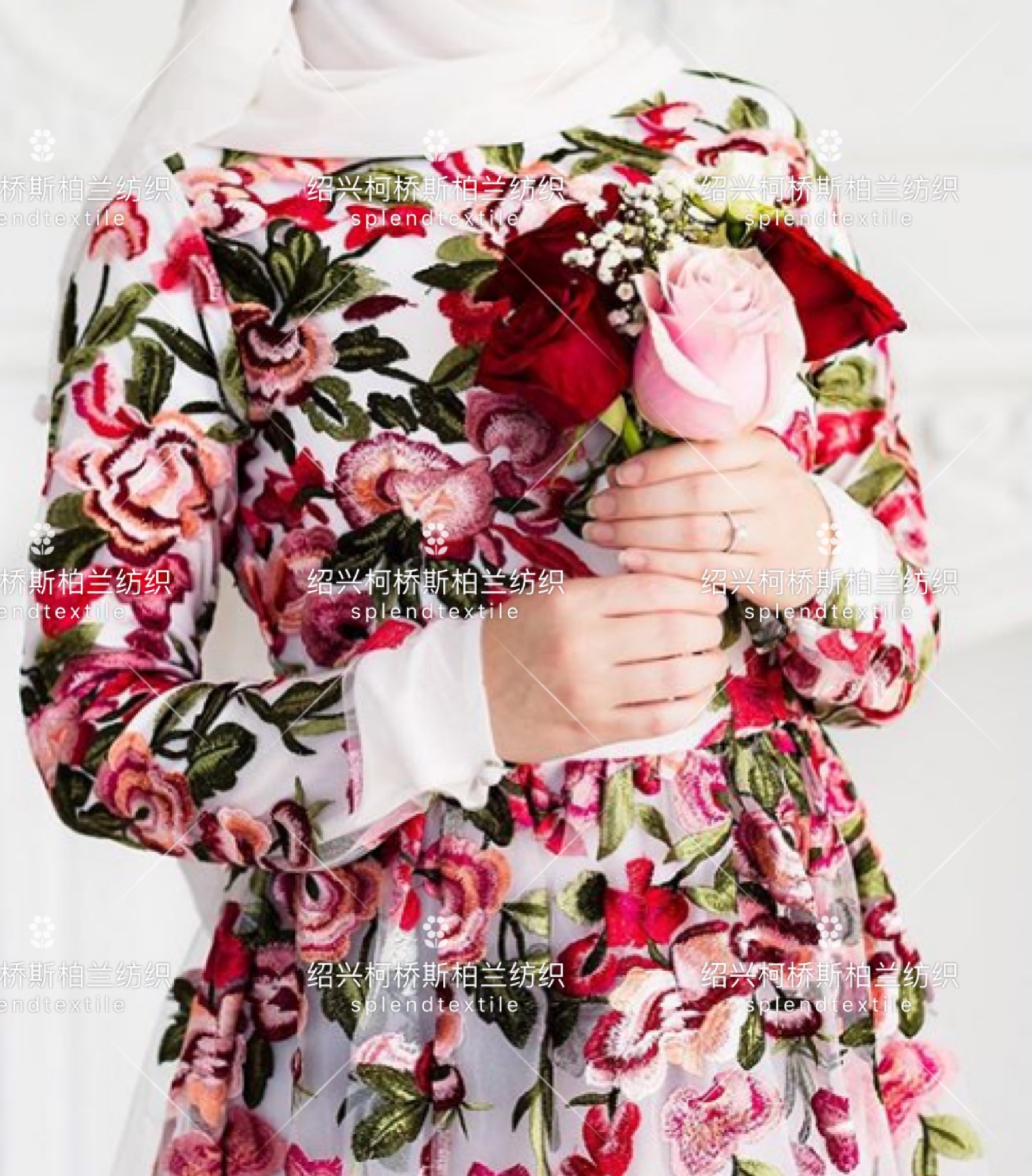 礼服刺绣面料重工蕾丝花朵渐变网纱粉色欧美服装布料尾料定制 - 图1