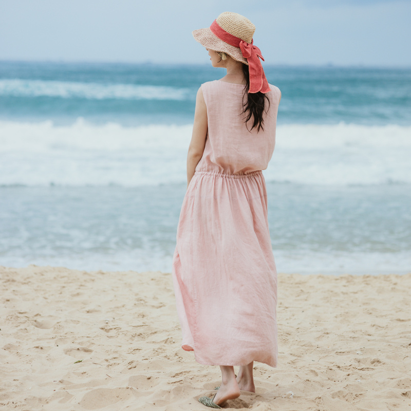 绽放旅行女装307朵/粉色高端砂洗高支高密亚麻度假连衣裙旅游穿搭-图1