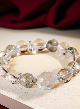 天然绿幽灵绿发水晶串珠手链女小众级感百搭白水晶龙龟手串首饰