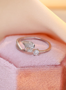 S925银杏叶镶钻开口可调女戒