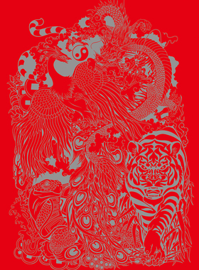 现代抽象描金挂画九龙四大神兽龙凤线稿 丙烯涂色diy手绘礼物油画