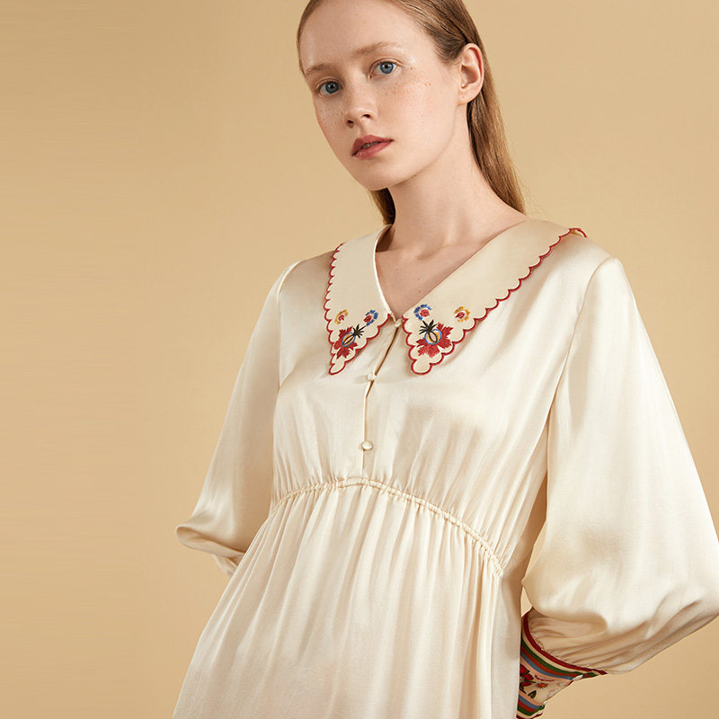 金三塔新品真丝纯色绣花小翻领睡裙 金三塔内衣睡裙