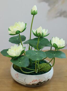 彷真莲花摆件睡莲荷花花盆桌面花艺中国风餐桌电视柜装饰摆饰绢花