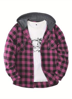 N 15227 Men's plaid hooded shirt 士格子连帽衬衫