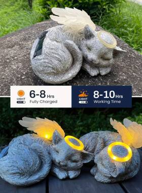太阳能猫雕像摆件天使猫带翅膀宠物庭院花园景观纪念宠物墓碑灯