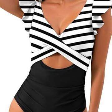 Swimsuit one-piece cross fly edge swimsuit women's ruffle - 图1
