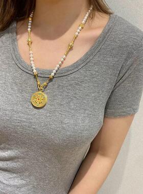 中式古法旗袍璎珞项链项圈长流苏背云长款白色贝珠毛衣链配饰