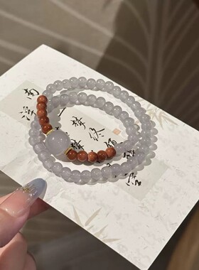 玻璃中式三圈好运石榴红手串复古气质编织闺蜜手链