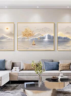 现代无障碍豪华客厅装饰画，简约典雅的山水三联壁画沙发背景墙与