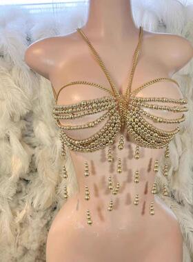 Women's pearl bead chest chain tassel neck hanging vest