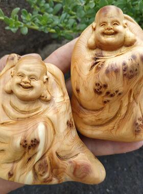 太行崖柏木雕桌面小摆件坨坨双色料达摩弥勒佛把件木质工艺品