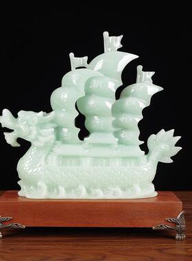 玉石一帆风顺帆船摆件龙船招财办公室桌面摆设客厅玄关电视柜装饰