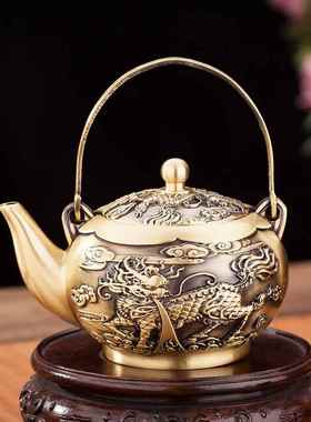 黄铜复古中式麒麟手提壶摆件家用客厅泡茶壶创意装饰金属工艺品