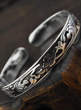 古经典SH-48款复时银苗手镯女 民族风荷尚叶花纹手环 复古开口手