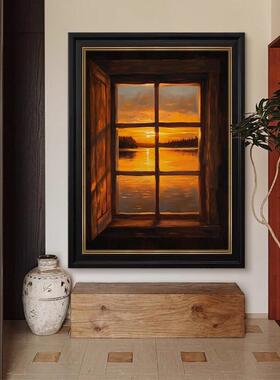 中古风夕阳光影油画感客厅装饰画法式玄关艺术挂画复古背景墙壁画