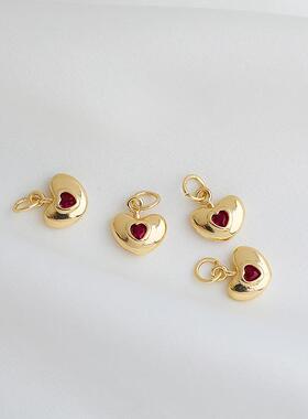 14K包金保色心形耳坠配件红色锆石爱心吊坠材料diy手工时尚饰品
