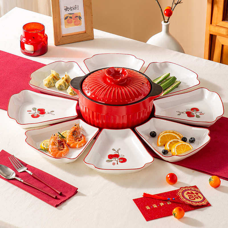 新中式喜庆拼盘餐具组合套装家用圆桌团圆饭过年拼盘餐具盘子汤锅,淘宝优惠券,粉丝福利购,淘宝优惠卷
