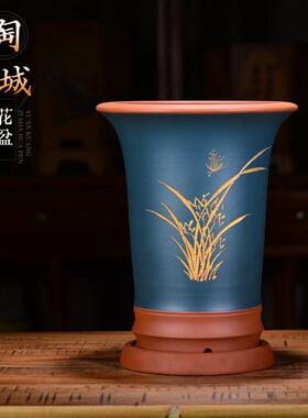 精品兰花盆陶瓷吊兰室内中国风花盆带托盘简约紫砂君子兰专用花盆