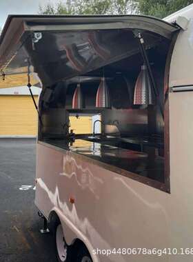 跨境白色双轮移动餐车 带灯光装饰售卖区 商用摆摊美食流动售卖车