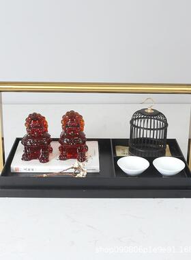 新中式金属托盘软装狮子茶具组合装饰品样板房售楼部家居茶具摆件