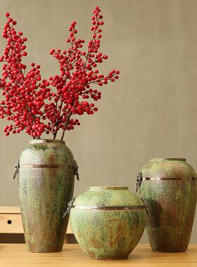 铜环陶瓷陶粗陶复古做旧仿真干花摆件客厅插花家居创意装饰品