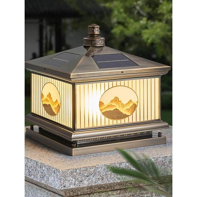 新中式全铜柱头灯太阳能户外庭院别墅大门灯门柱灯柱子灯围墙两用 - 图0