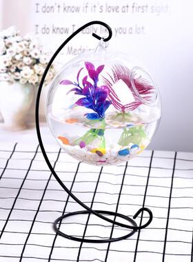 创意透明玻璃小鱼缸办公桌小金鱼桌面斗鱼缸迷你铁架吊挂悬挂花瓶