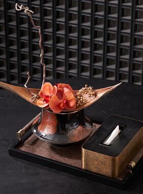 新中式客厅茶几装饰摆饰花托盘纸巾盒陶瓷茶壶软装搭配高级感设计