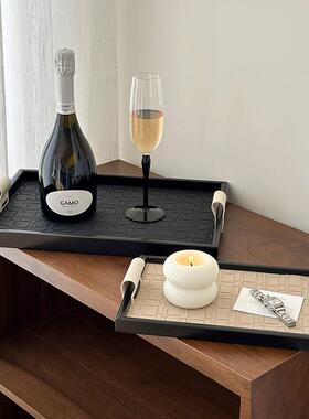 拍照道具韩系仿藤编收纳托盘香薰木质手柄装饰摆件收纳筐展示高级