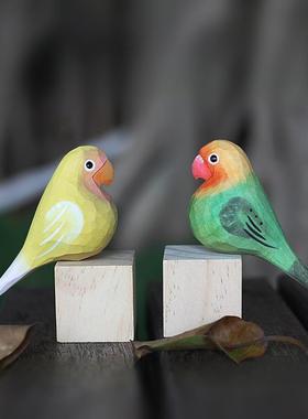 鹿妖商店 肥啾木雕小鸟 绿牡丹鹦鹉 黄桃牡丹鹦鹉 纯手工实木摆件