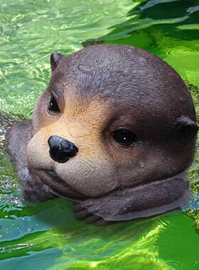 户外花园庭院池塘鱼缸假山装饰造景动物水獭漂浮树脂浮水摆件