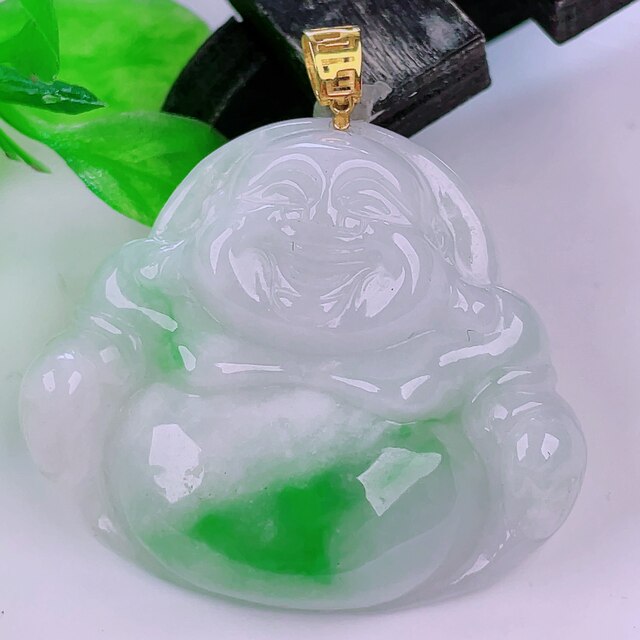 Burmese natural genuine jade genuine 18k gold buckle ice floating green flower high-end flash Buddha jade pendant 7.40g