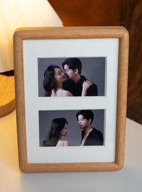 做相框摆台订婚摆台结婚照情侣婚纱照彩礼相框黑胡桃木两宫格摆台
