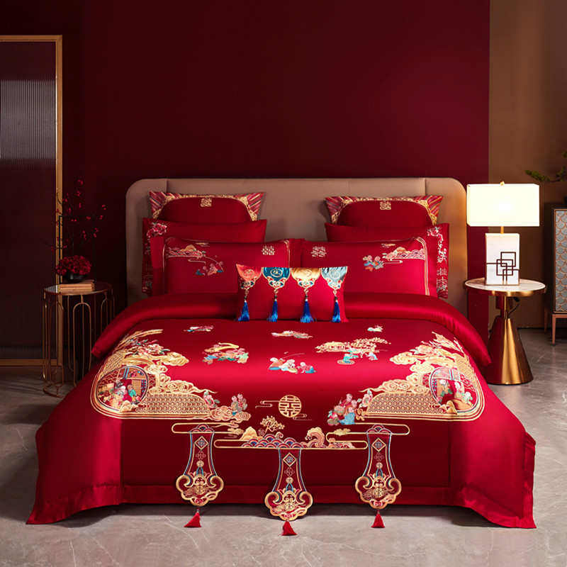 140支婚庆四件套大红全棉刺绣喜庆被套新婚房嫁结婚高档龙凤床品,淘宝优惠券,粉丝福利购,淘宝优惠卷