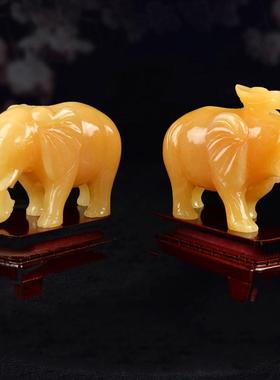 黄玉大象摆件玉石一对装饰品雕刻客厅米黄玉工艺品厂家吸水大象