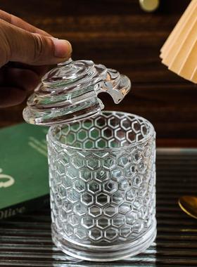 欧式简约蜂窝玻璃糖果罐摆件透明带盖储物罐水果碗糖缸桌面装饰