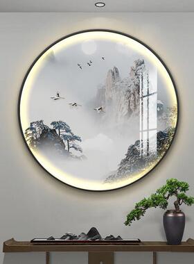 新中式圆形灯画玄关书房背景装饰画水墨风景意境山水茶室圆形挂画