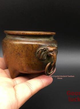 彷古铜器彷古象鼻双耳铜香炉包覆象铜环宣德炉香炉合金小铜缸