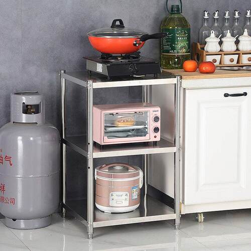 不锈钢厨房置物架家用落地三层收纳锅架微波炉架子烤箱储物蔬菜架 - 图1