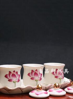 佛具用品莲花供佛杯大悲水佛堂陶瓷圣水杯佛前净水杯佛法僧三套杯