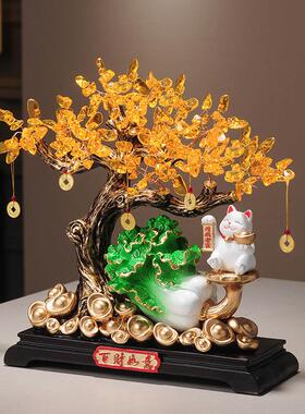 新中式招财猫发财树轻奢高档摆件客厅玄关办公室电视柜白菜装饰品