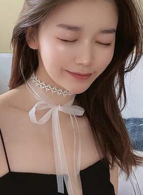 两用珍珠水晶发带颈链网红气质超仙蝴蝶结蕾丝绑带发饰发箍项链女
