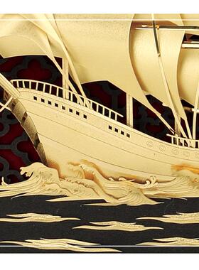 中号一帆风顺帆船金箔立体装饰画 实木竖版客厅沙发墙上挂的壁画