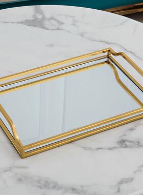 北欧风金色镜面玻璃托盘轻奢家用客厅茶几高级感茶杯盘子置物收纳