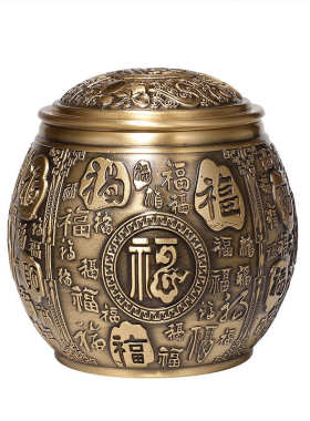 纯黄铜聚宝盆百福茶叶罐做旧带盖储存罐密封保存防潮金属摆件批发