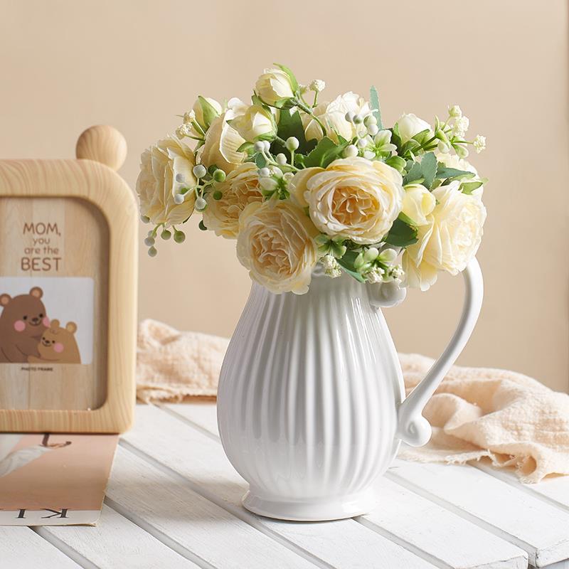 水蓝插花陶瓷花瓶 欧式白瓷创意地中海干花白色蓝色奶壶水培桌面