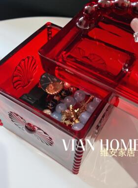 加厚欧式浮雕红宝石色水晶玻璃首饰盒棉签化妆棉储物罐桌面装饰品