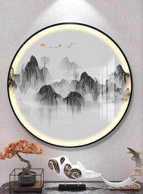 新中国风圆形灯画水墨山水意境山水入口书房背景装饰画茶室圆形挂